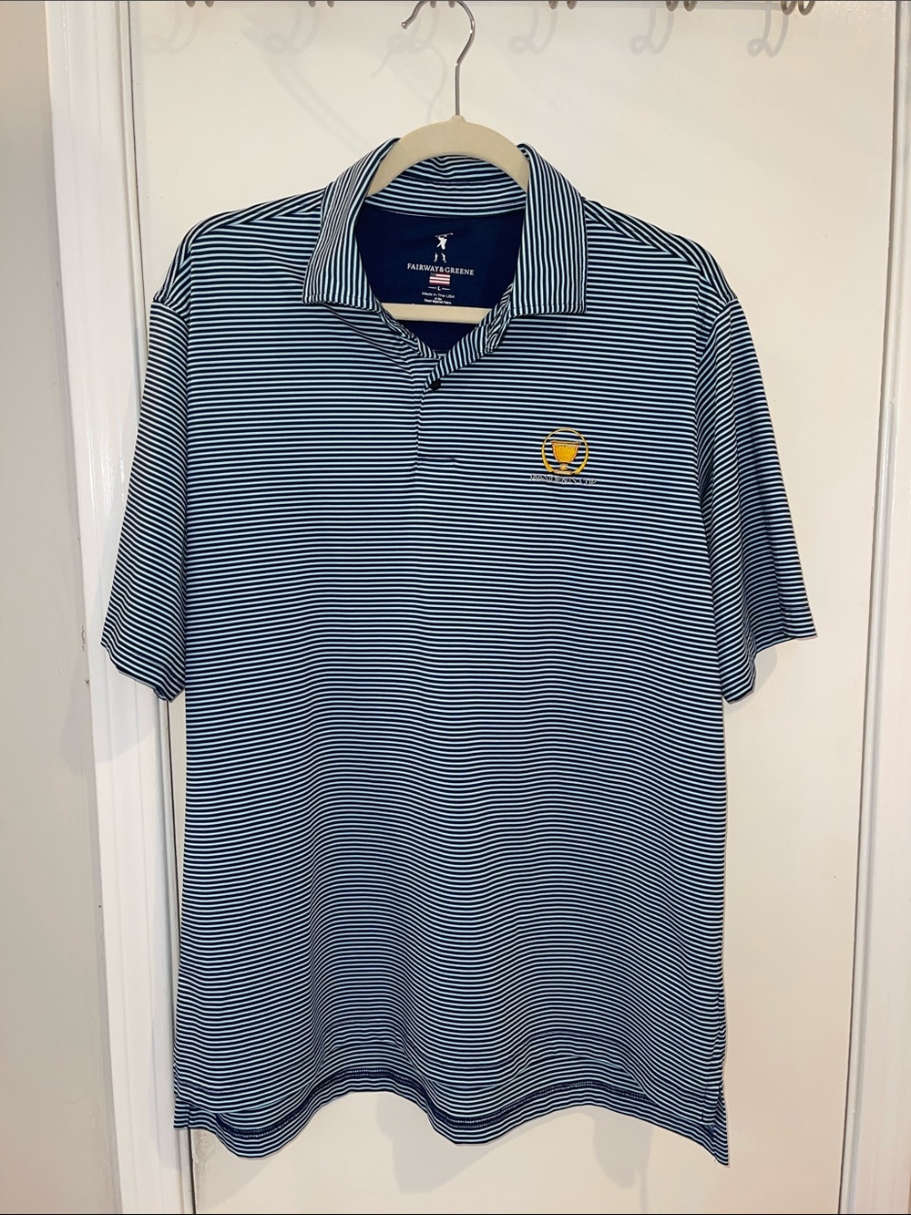Fairway & Greene Blue and White Striped Polo with President's Cup Logo